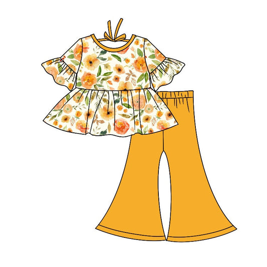 preorder GSPO1027 Orange flowers short sleeve yellow pants girls set