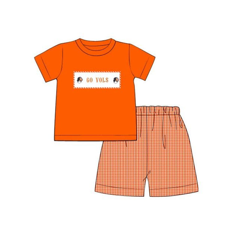 custom style football team orange dog short sleeve orange checkered shorts boys set