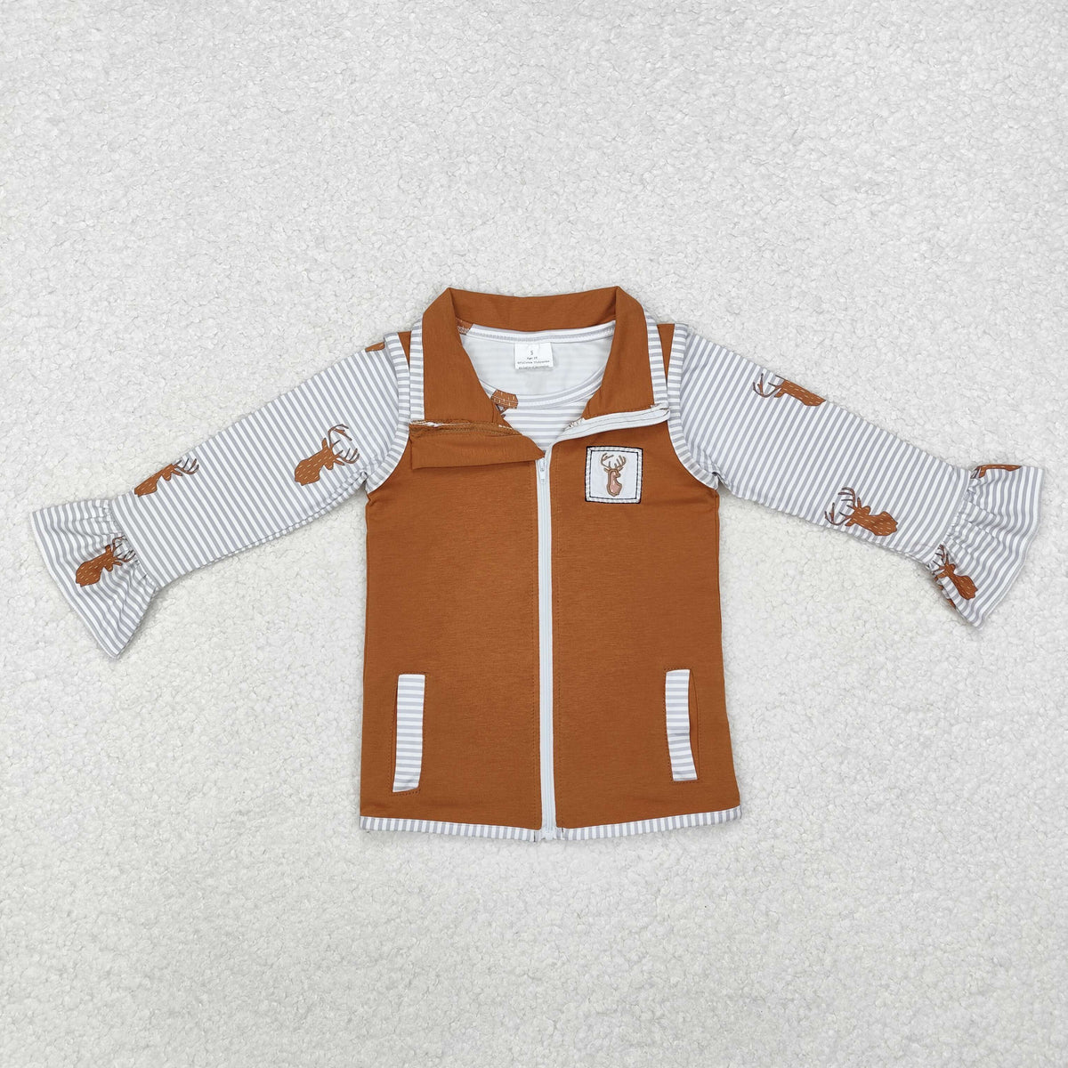 embroidery GT0742 hunting deer striped long sleeve brown zipper girls coat 2pcs