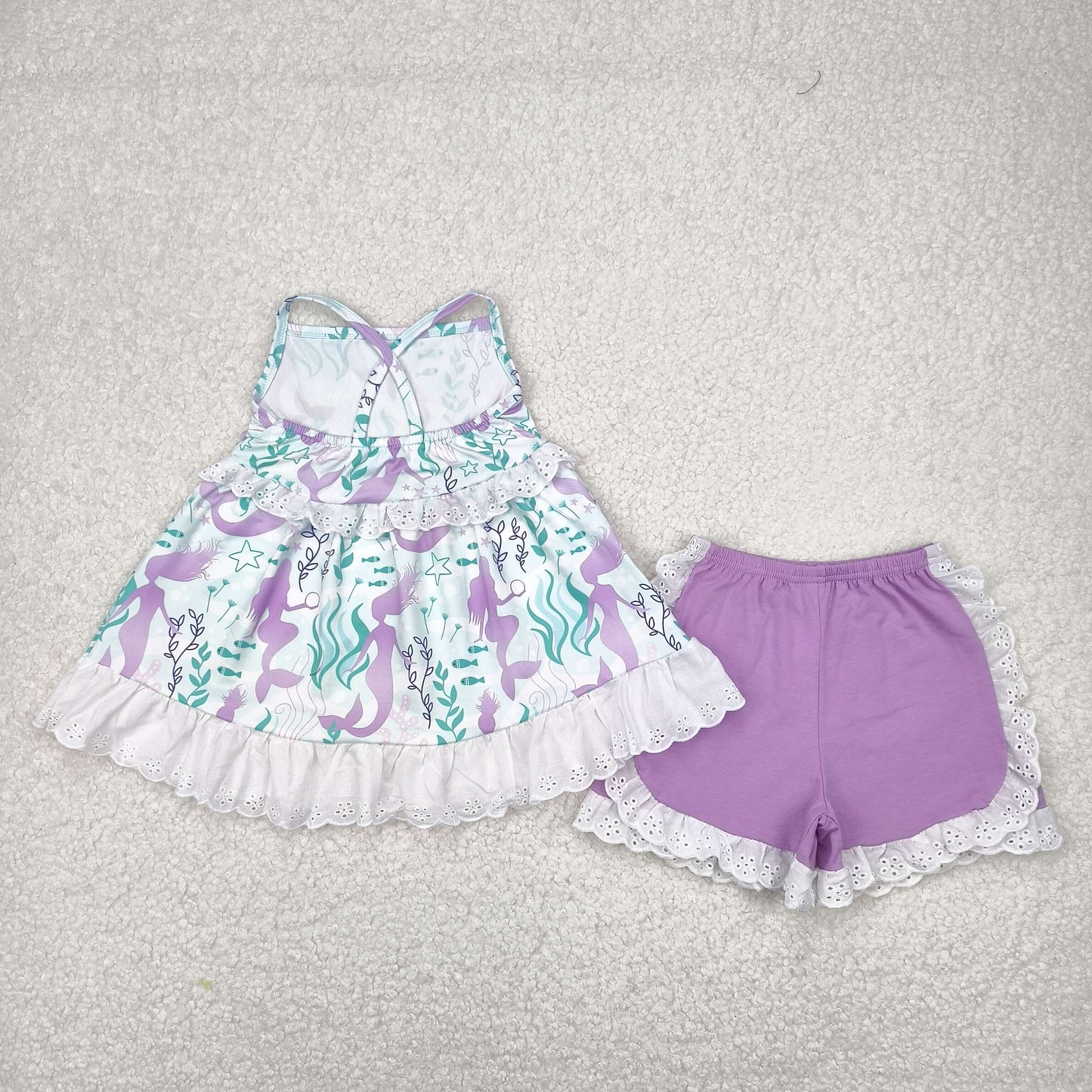 GSSO1675 purple mermaid  green sleeveless purple shorts girls set