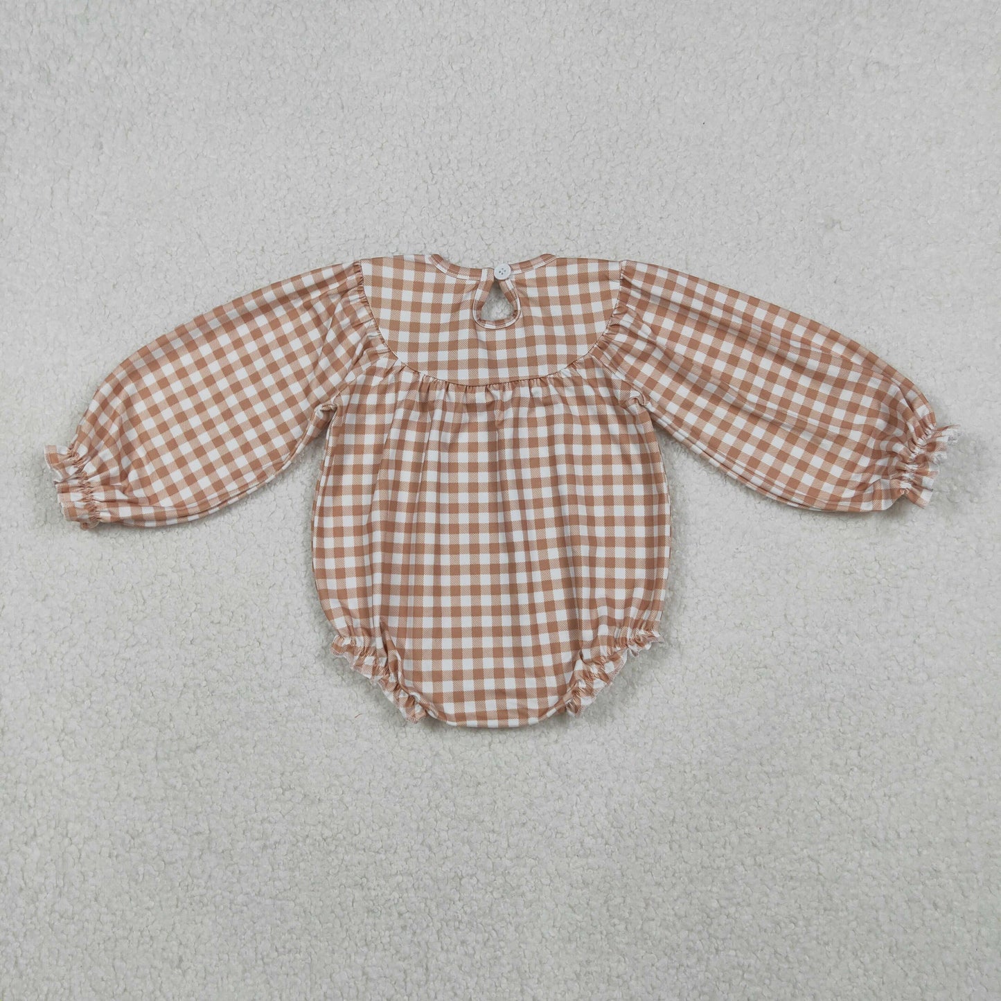 embroidery LR2205 smocked Thankgiving turkey khaki checkered long sleeve girls romper