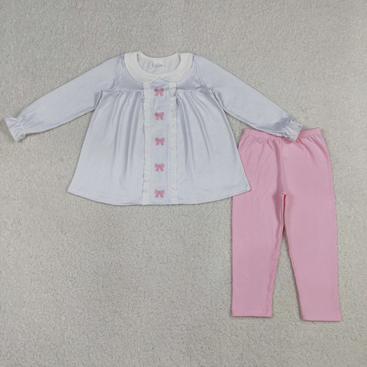 Embroidery GLP2909 pink bows blue striped long sleeve pink pants girls set