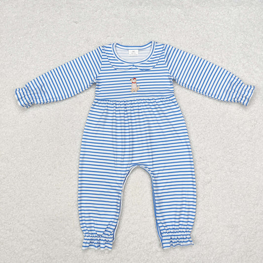 embroidery LR1448 dog blue striped long sleeve girls romper