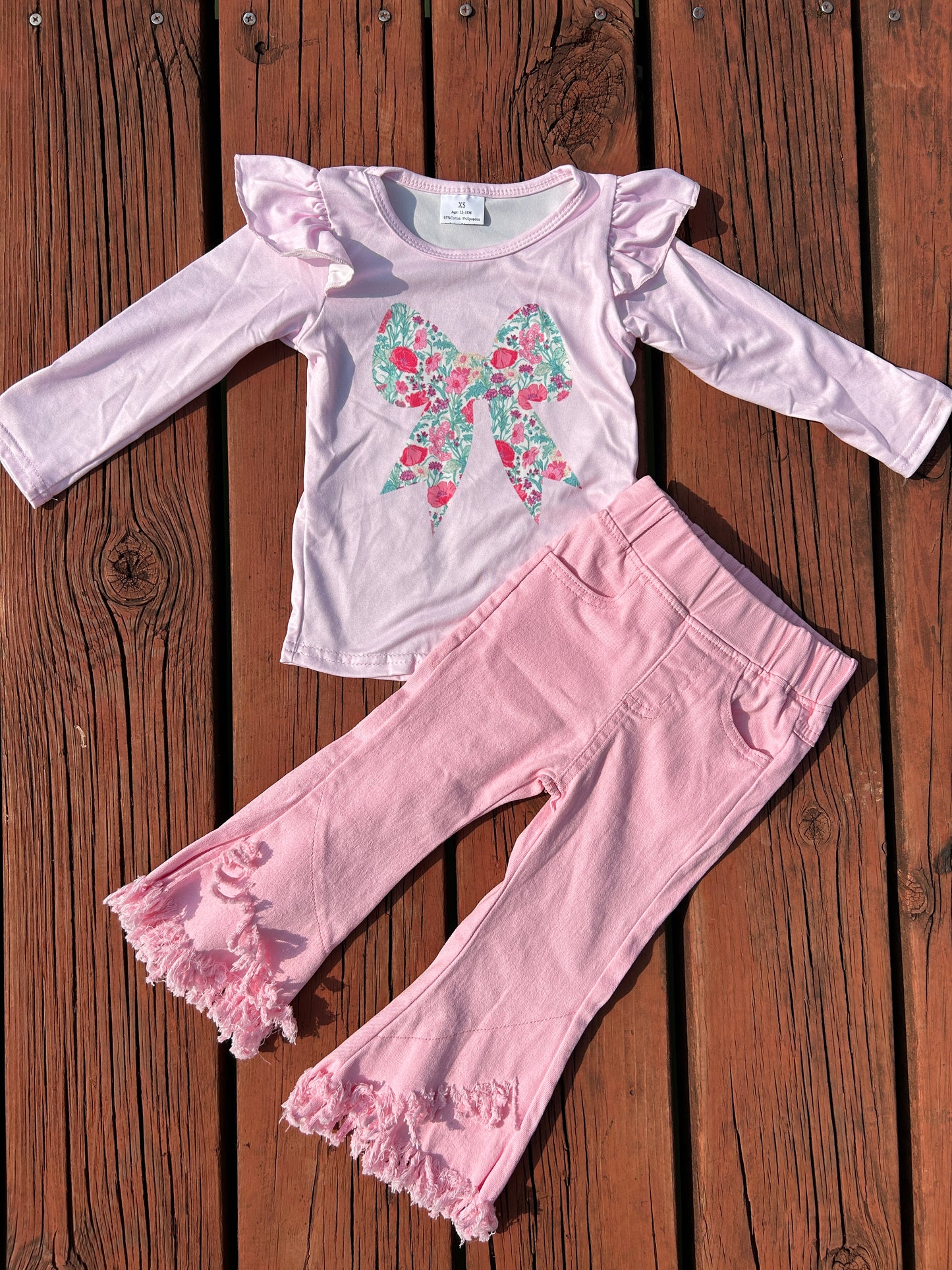 Colorful Bow Pink Long Sleeve Pink Tassels Jeans Girls Set