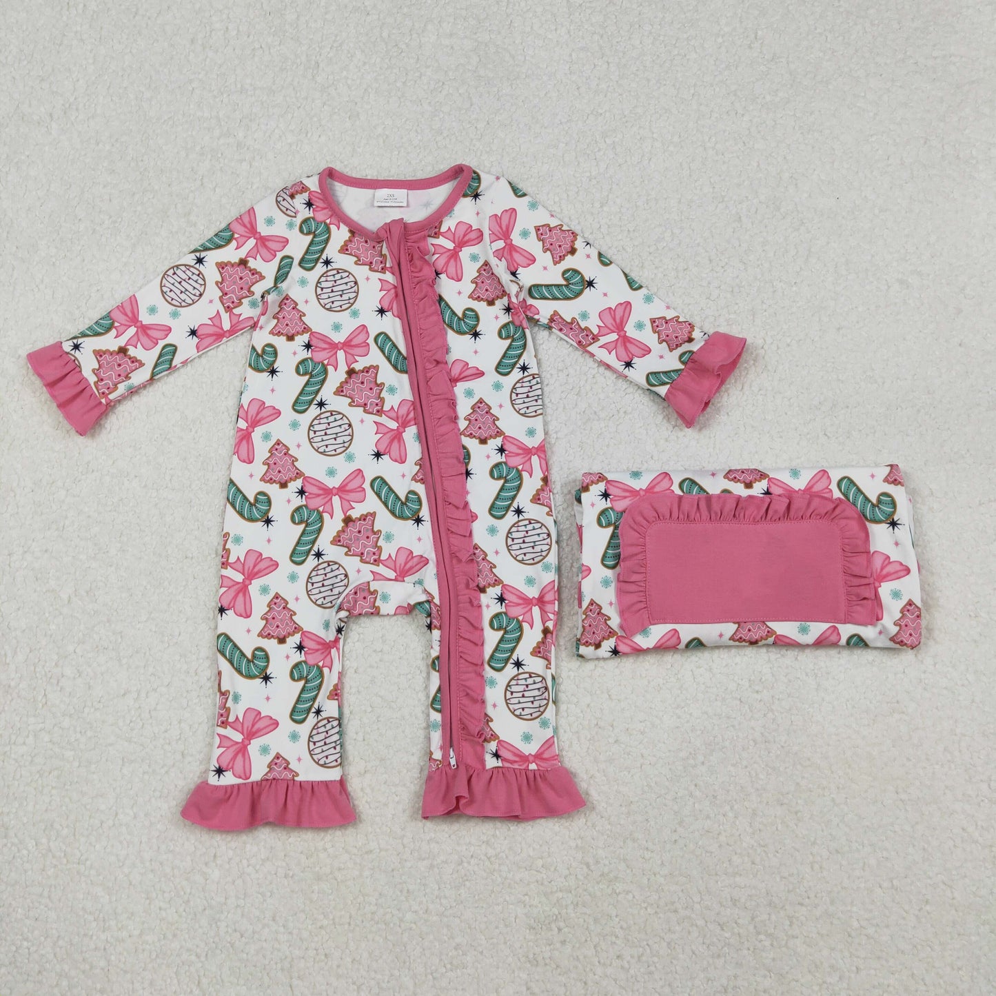 LR2486 Christmas bows cane candy tree pink zipper long sleeve girls romper