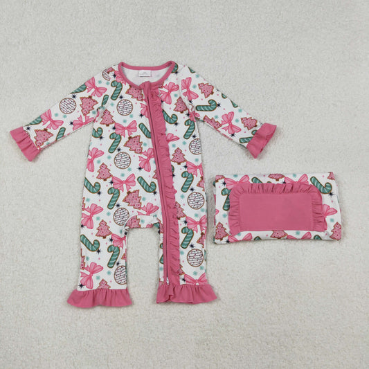LR2486 Christmas bows cane candy tree pink zipper long sleeve girls romper