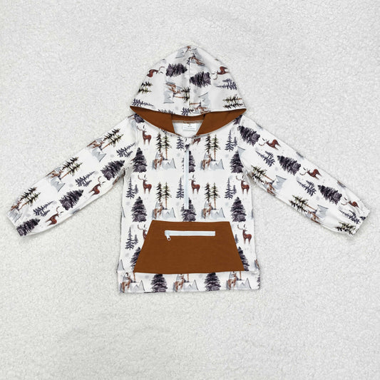 BT0758 Winner tree deer brown long sleeve pocket hoodie boys pullover