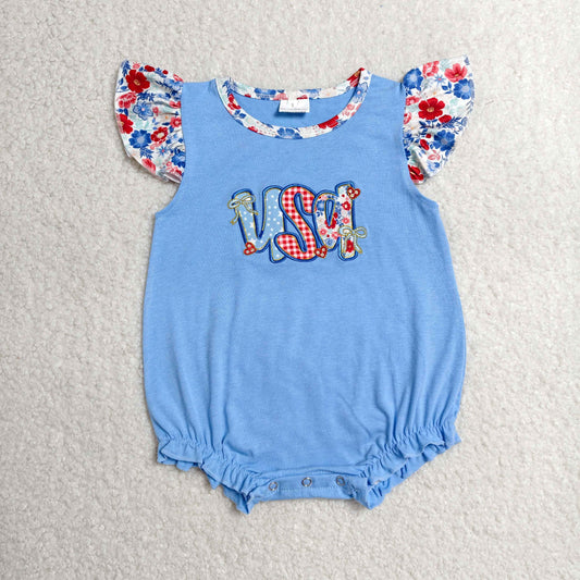 SR4186 July 4th USA Blue Flutter Sleeve Girls Romper