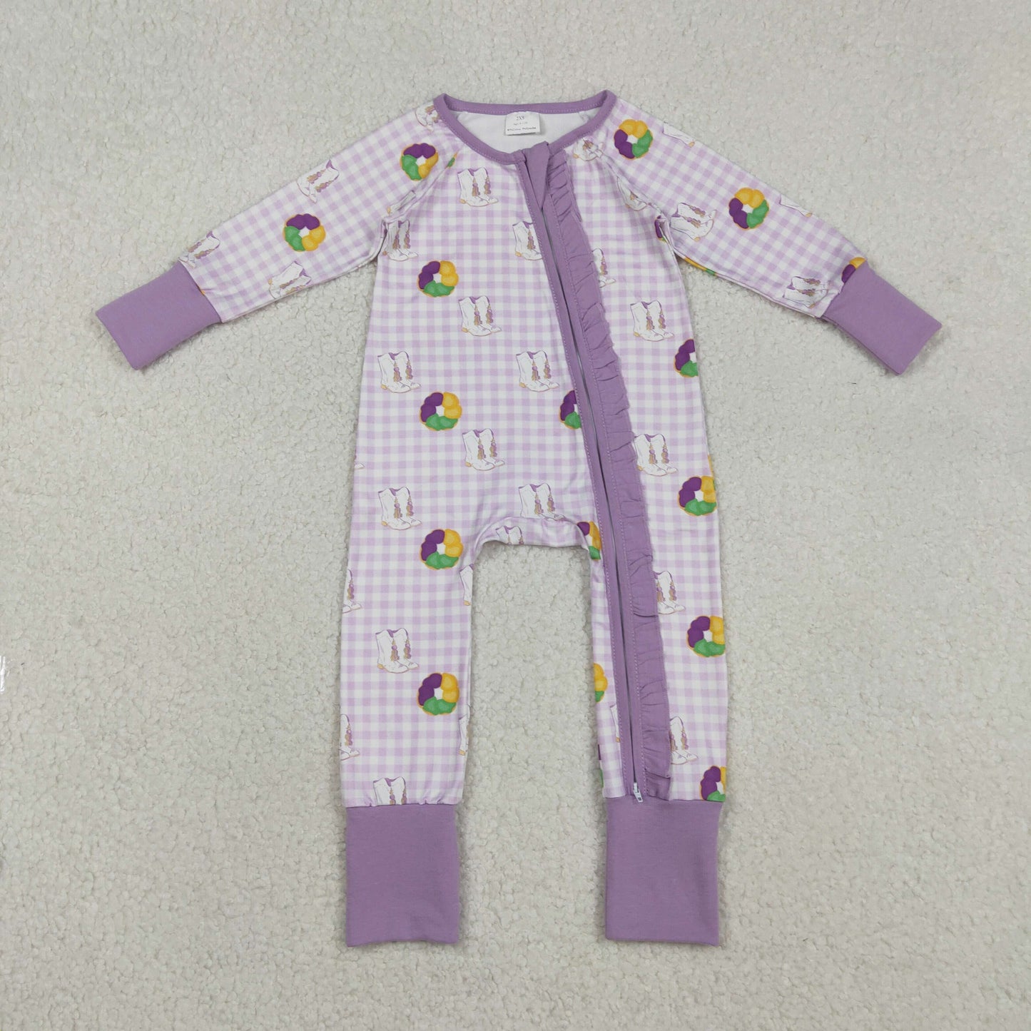 LR2783 Mardi Gras dount purple checkered long sleeve zipper girls romper
