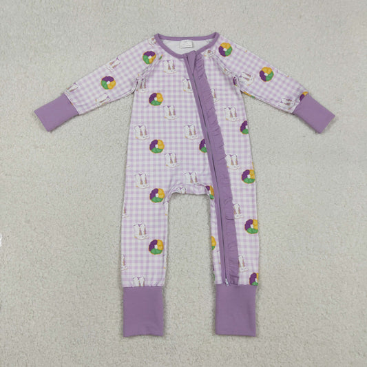 LR2783 Mardi Gras dount purple checkered long sleeve zipper girls romper