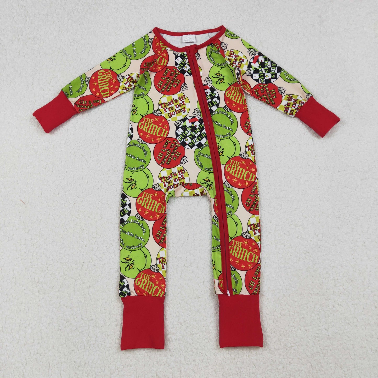 LR2658 Christmas green face light red zipper long sleeve girls romper