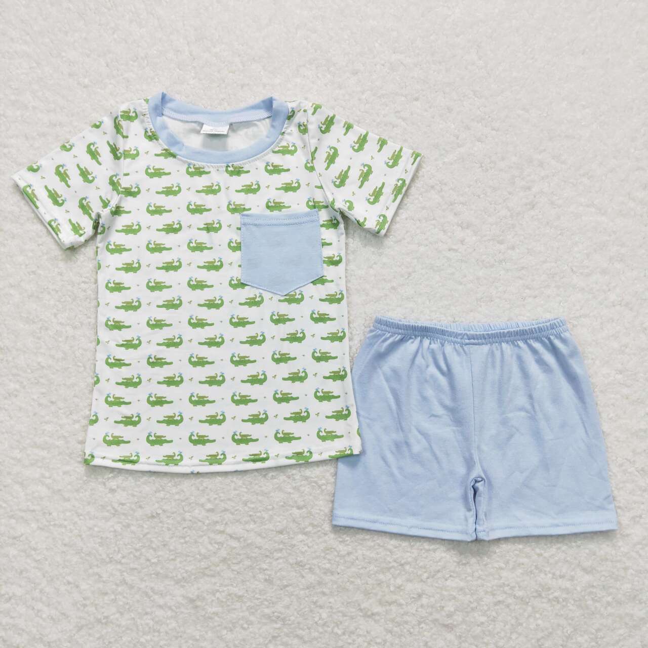 BSSO0556 Green Crocodile Pocket Short Sleeve Blue Shorts Boys Set