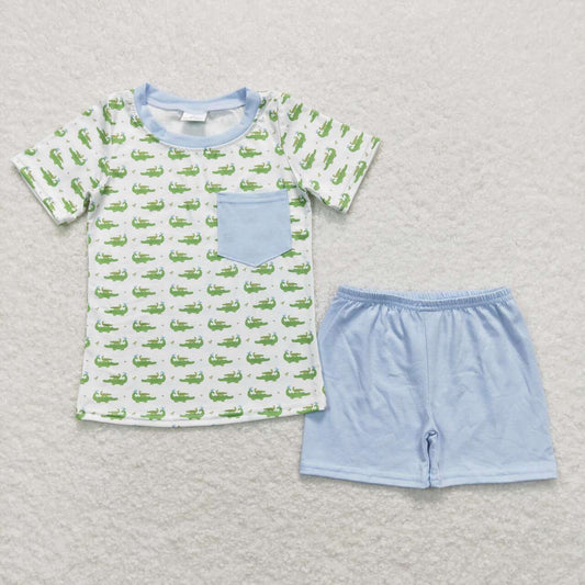 BSSO0556 Green Crocodile Pocket Short Sleeve Blue Shorts Boys Set