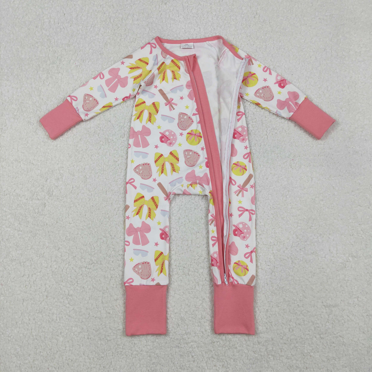 LR2705 softball bows pink bows zipper long sleeve girls romper