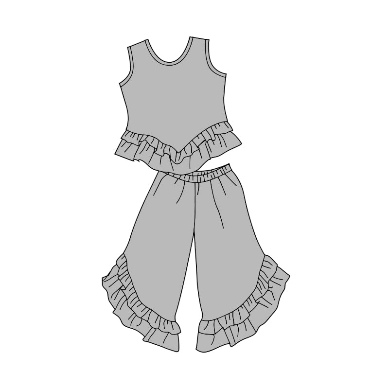 custom trendy grey sleeveless pants girls ruffles set