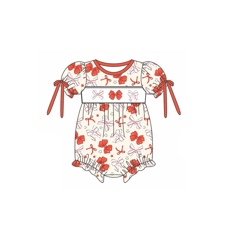 MOQ 3 Custom Baseball Bows Red Short Sleeve Girls Romper