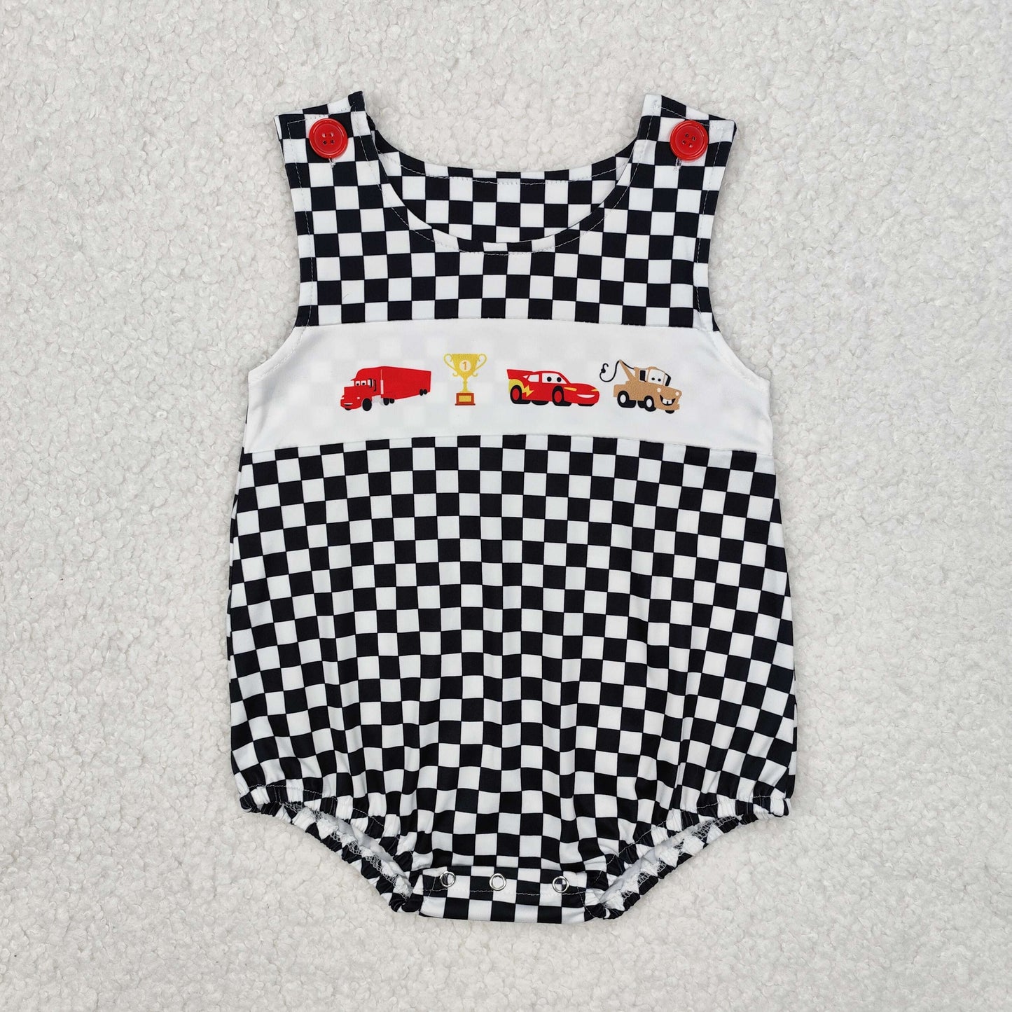 SR2207 cartoon car black checkered sleeveless boys romper
