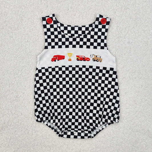 SR2207 cartoon car black checkered sleeveless boys romper