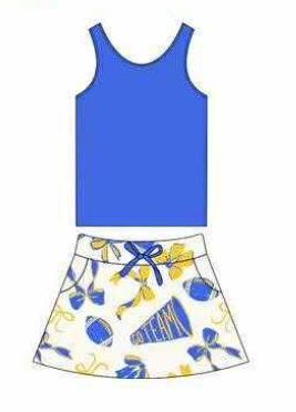 preorder cheer blue sleeveless cheer bows golden/blue skorts girls set