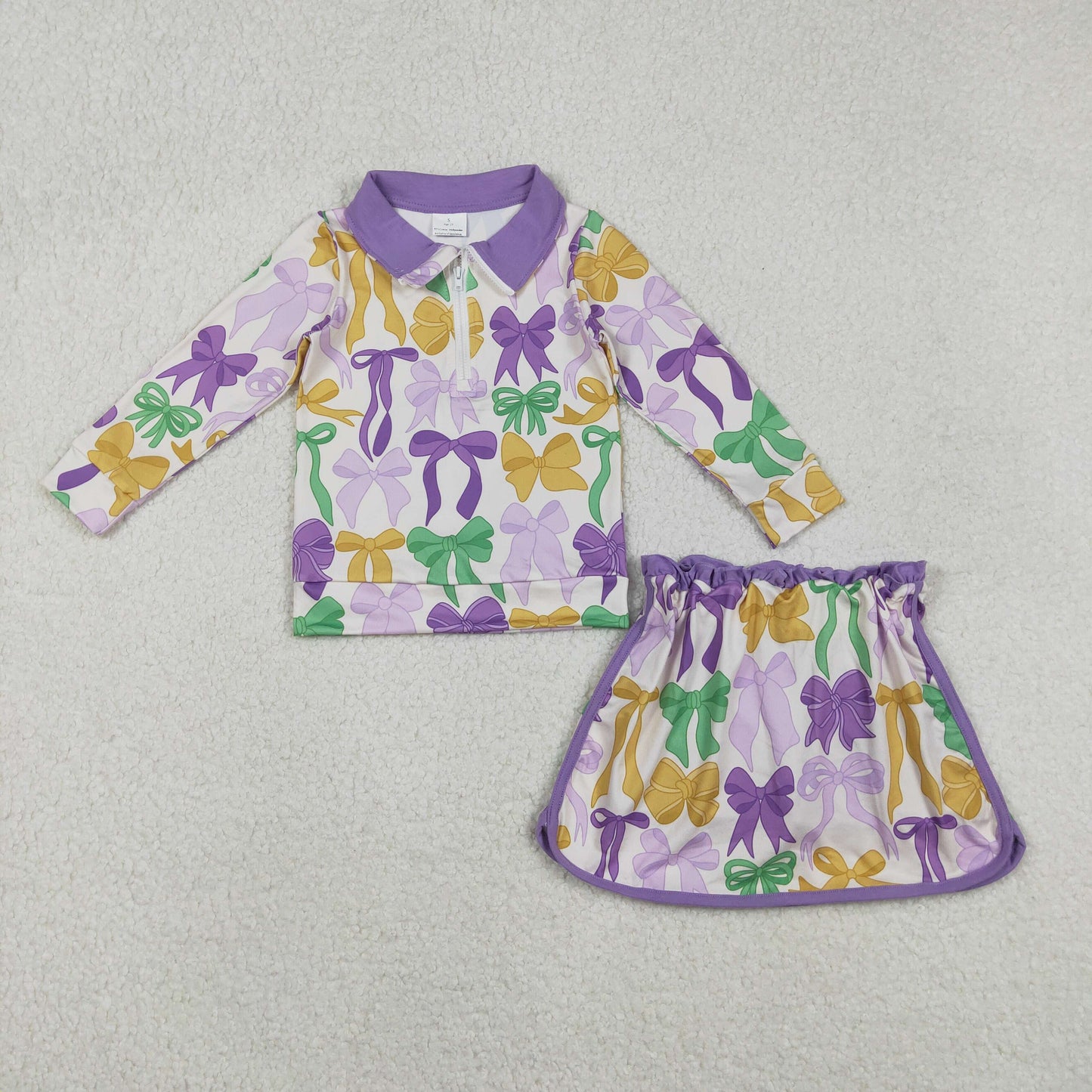 GLD1333 Mardi Gras yellow purple green bows zipper long sleeve skorts girls set