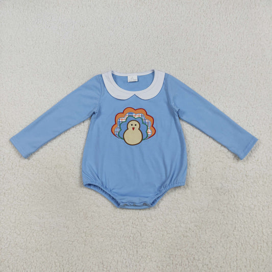 embroidery LR2261 thanksgiving turkey blue long sleeve girls romper