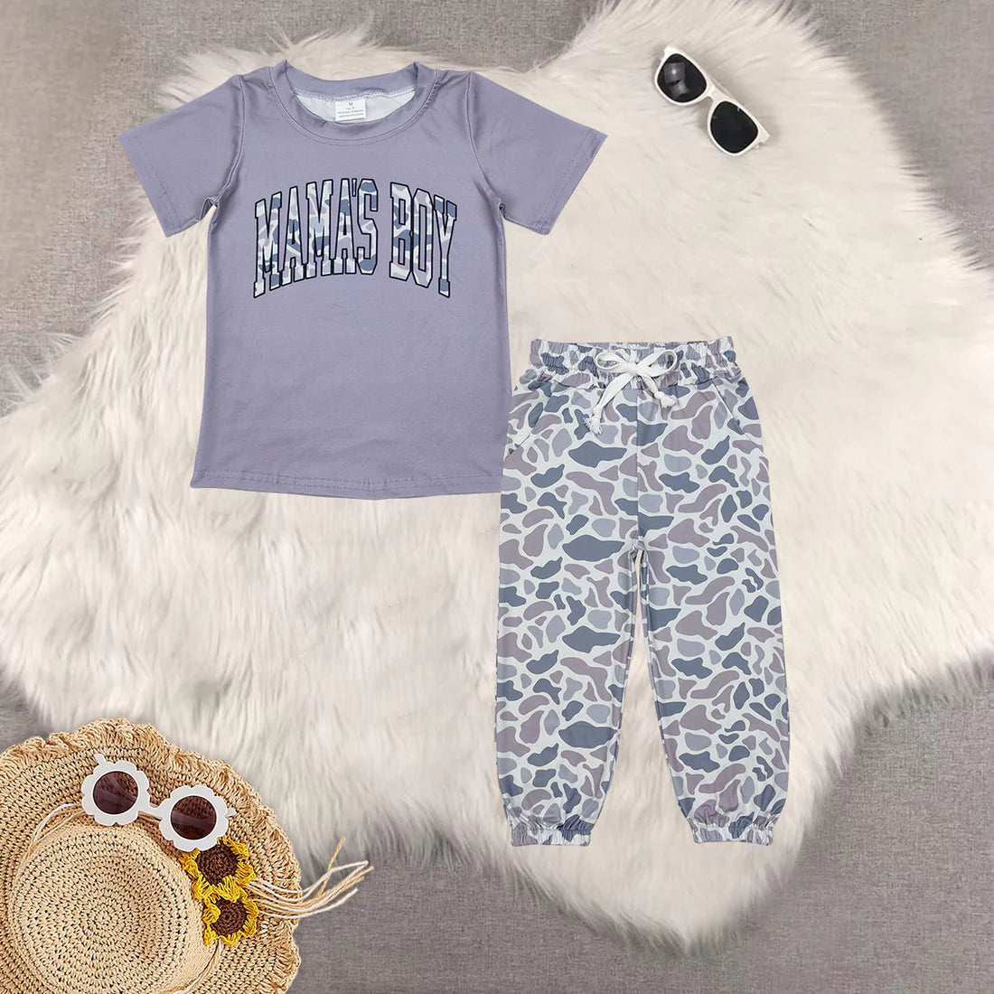 BSPO0566 mama's boy short sleeve grey camo pants boys set BT1187+P0651