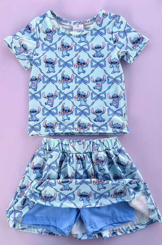 Custom Moq 3 Cartoon Short Sleeve Skorts Girls Set