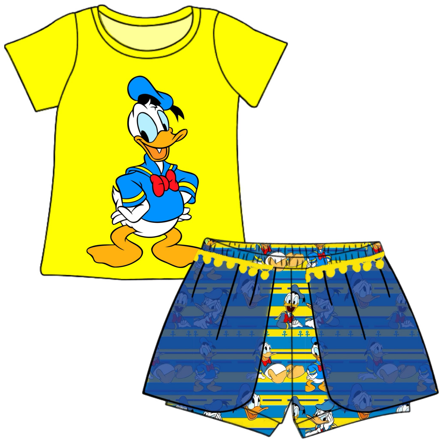 custom style cartoon duck yellow short sleeve shorts girls set tat 6-8 weeks