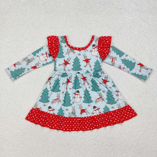 GLD0794 Christmas snowman tree deer long sleeve girls dress