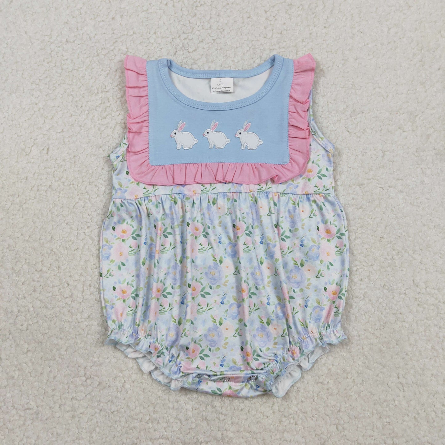 Embroidery SR3271 Easter bunny rabbit blue flowers floral sleeveelss girls romper