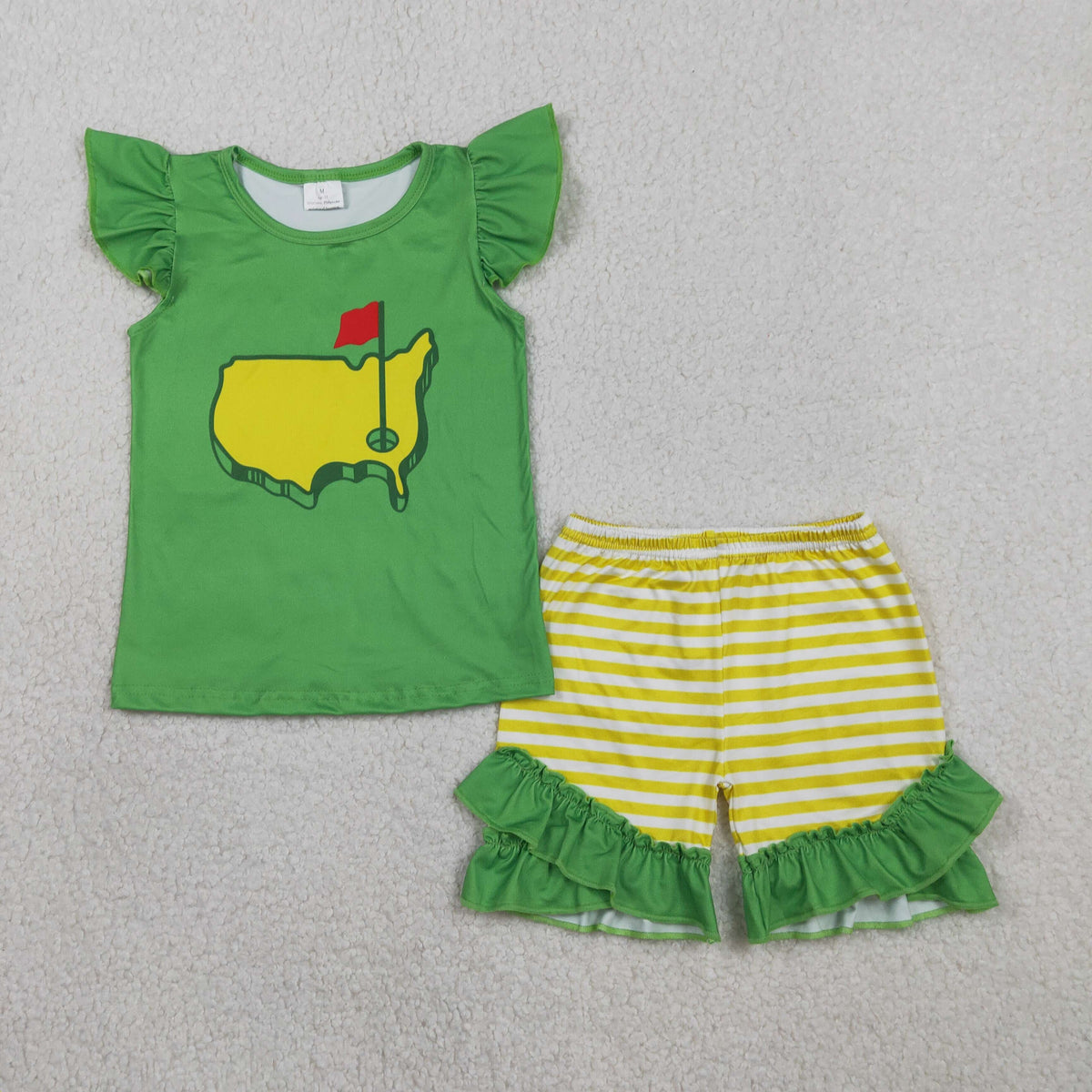 GSSO2867 Golf Green Flutter Sleeve Yellow Striped Shorts Girls Set