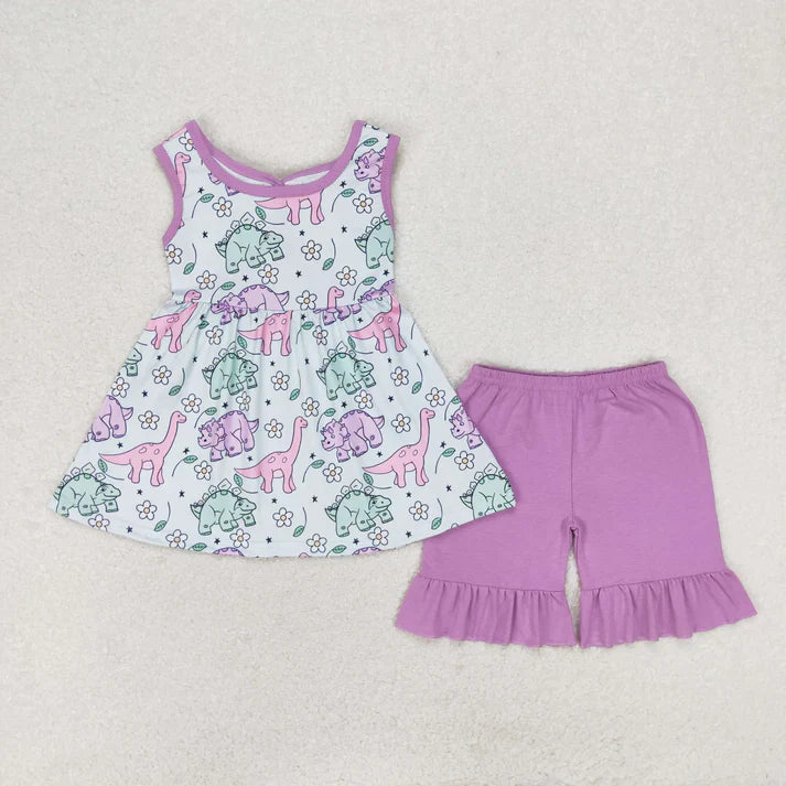 cartoon dinosaur/colorful flowers with bow Summer girls set RTS sibling clothes