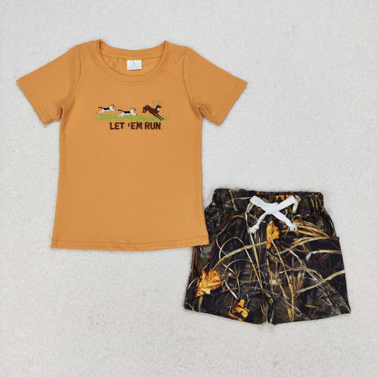 BSSO0924 let'em run dog deer orange short sleeve camo branch shorts boys set