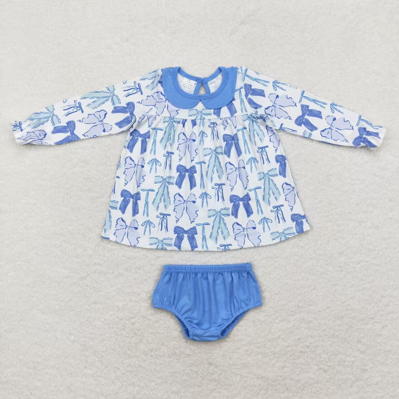 GBO0423 blue bows long sleeve girls bummies set