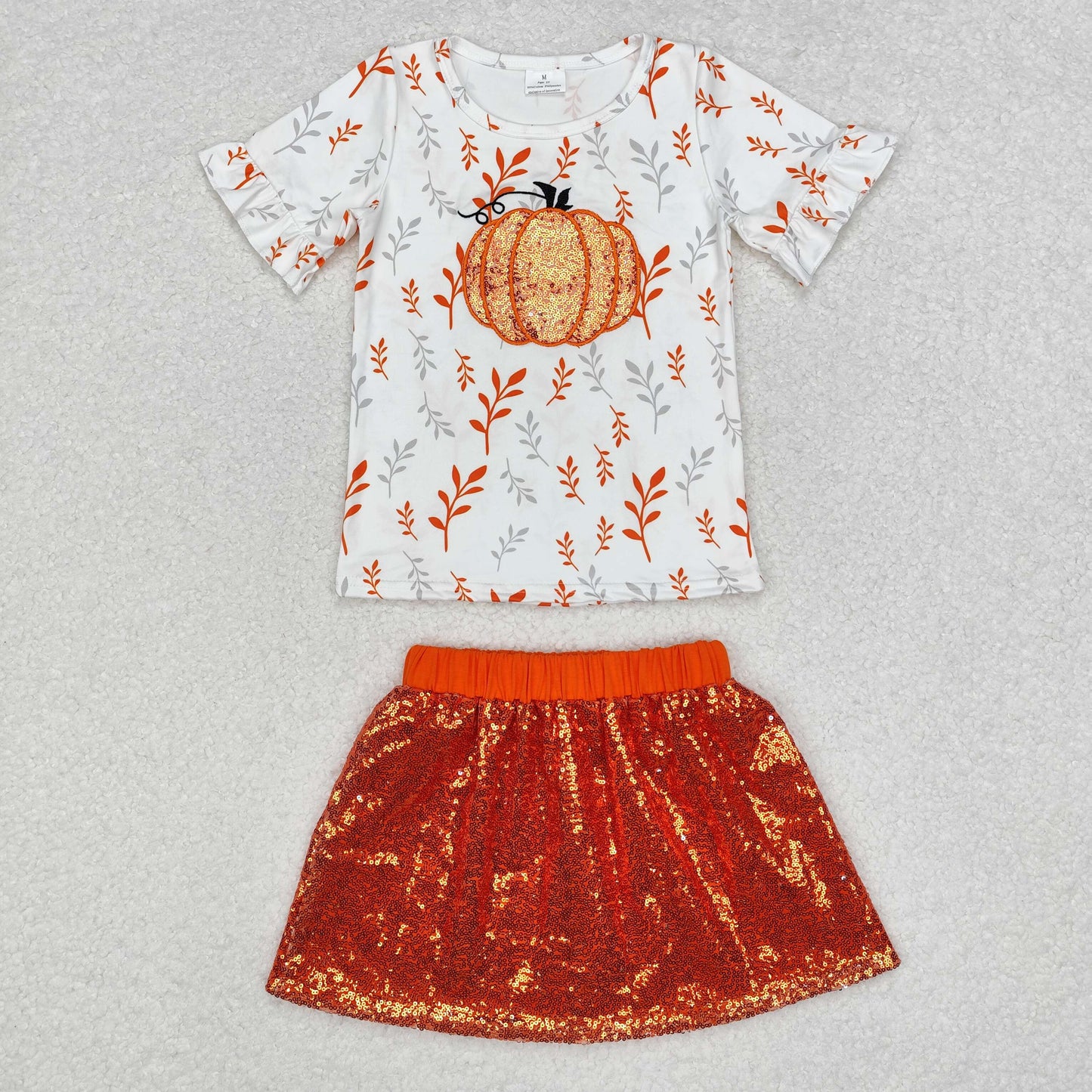 embroidery GSD1437 Autumn fall pumpkin short sleeve orange sequin skirt girls set