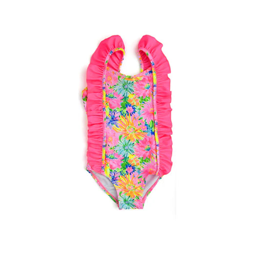 custom style colorful flowers hot pink ruffles girls bathing swimsuits