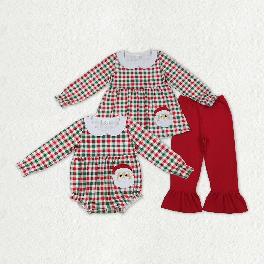 embroidery Christmas Santa checkered romper/set RTS Sibling Clothes