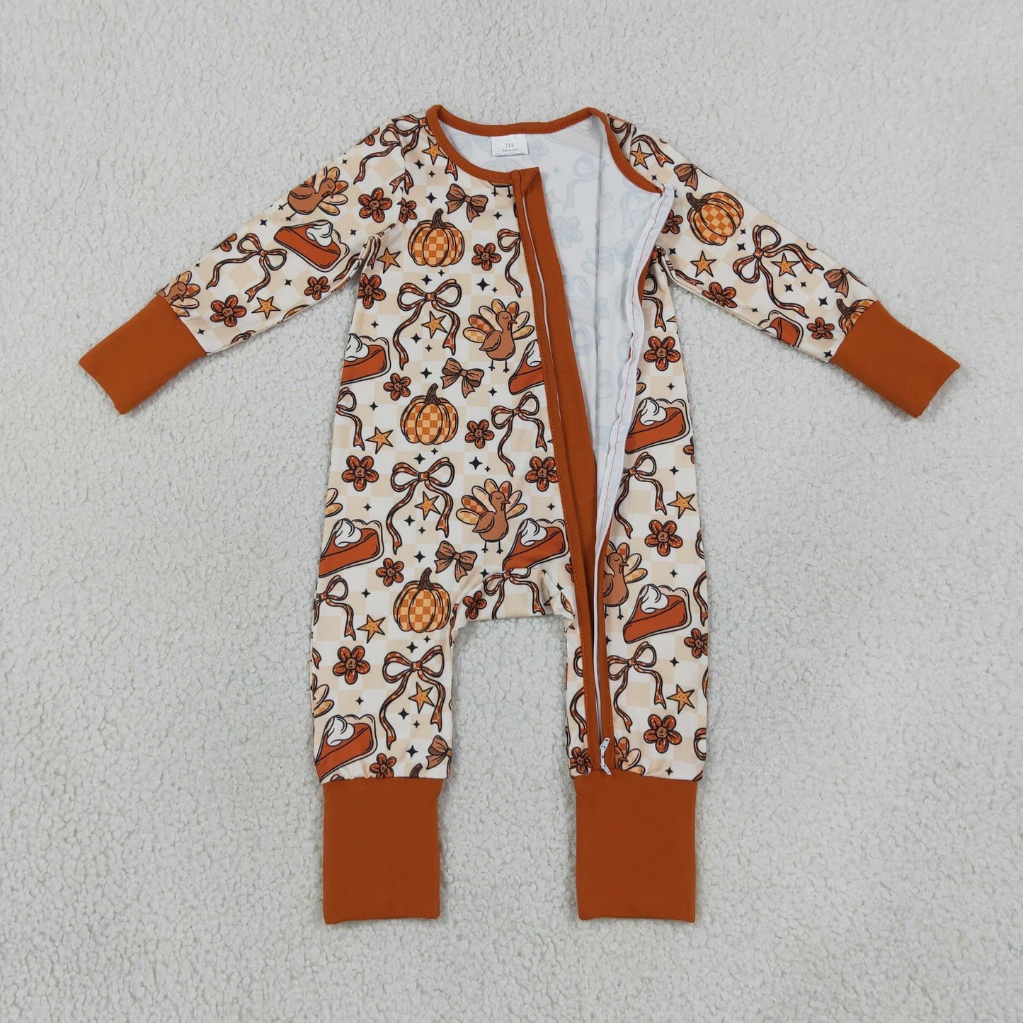 LR3119 Thanksgiving Turkey Pie Orange Zipper Long Sleeve Boys Romper