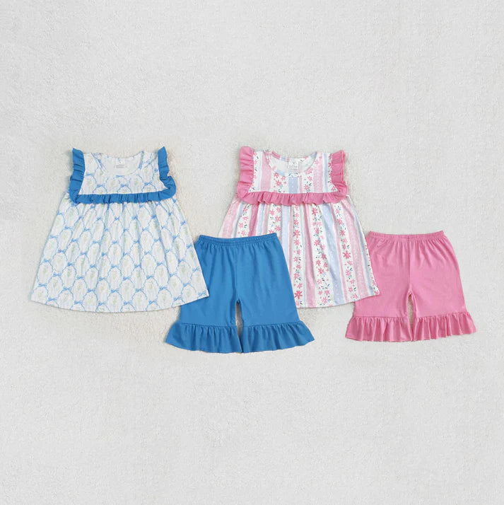 blue bows/pink flowers Summer girls set RTS sibling clothes