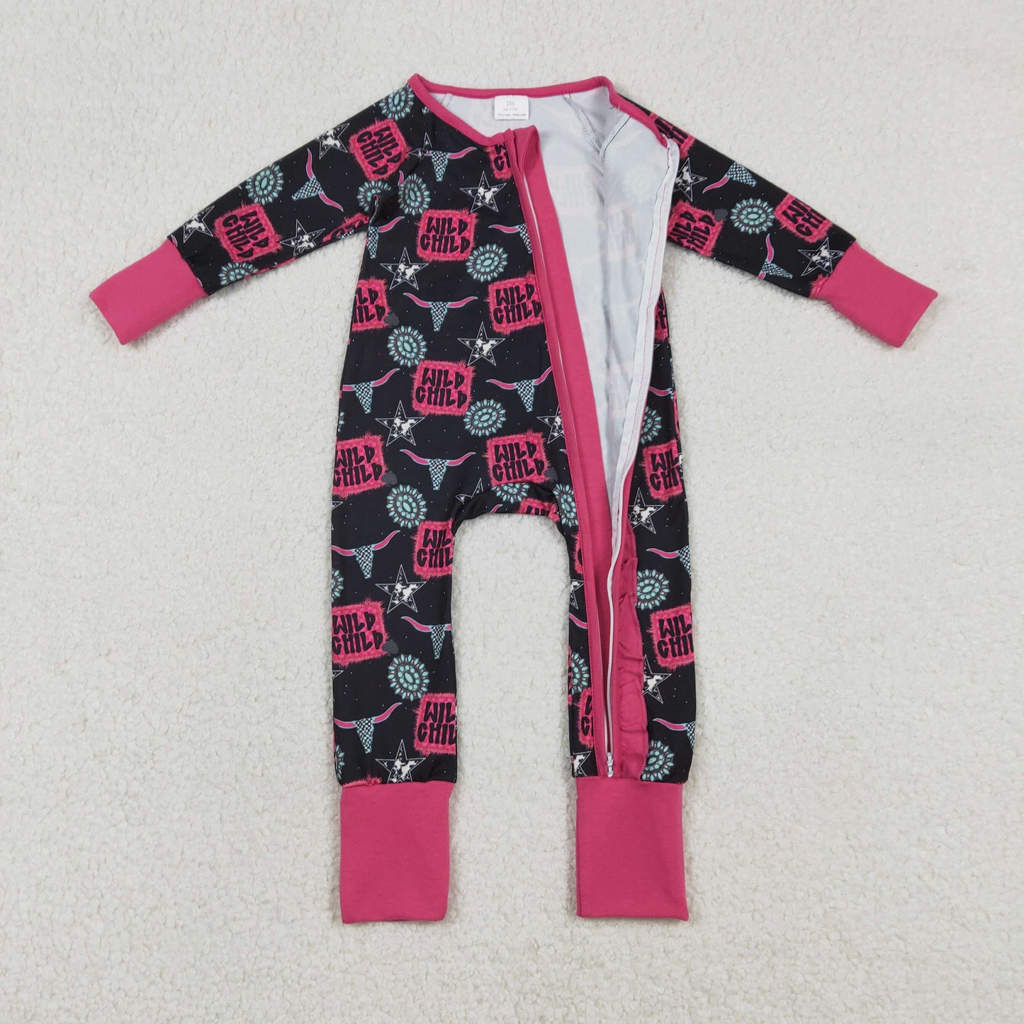 LR2962 Western Wild Child Turquoise Hot Pink Zipper Long Sleeve Girls Romper