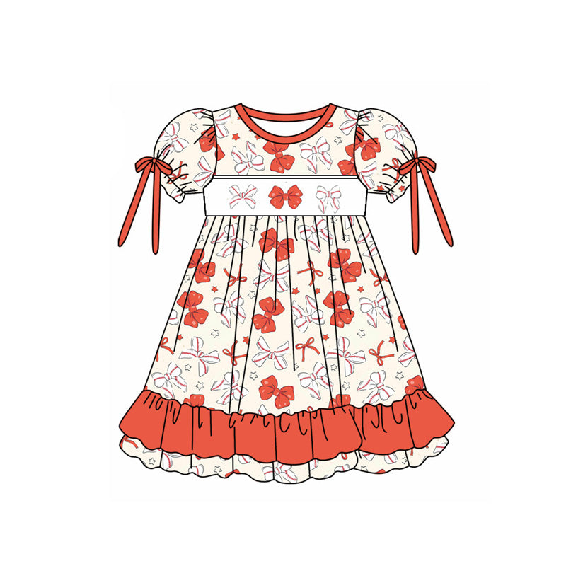 custom moq 3 Baseball Bows Red Bows Short Sleeve Girls Dress