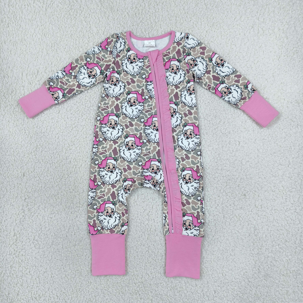 LR3305 Christmas Santa Camo Pink Zipper Long Sleeve Girls Romper