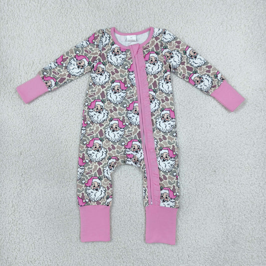 LR3305 Christmas Santa Camo Pink Zipper Long Sleeve Girls Romper