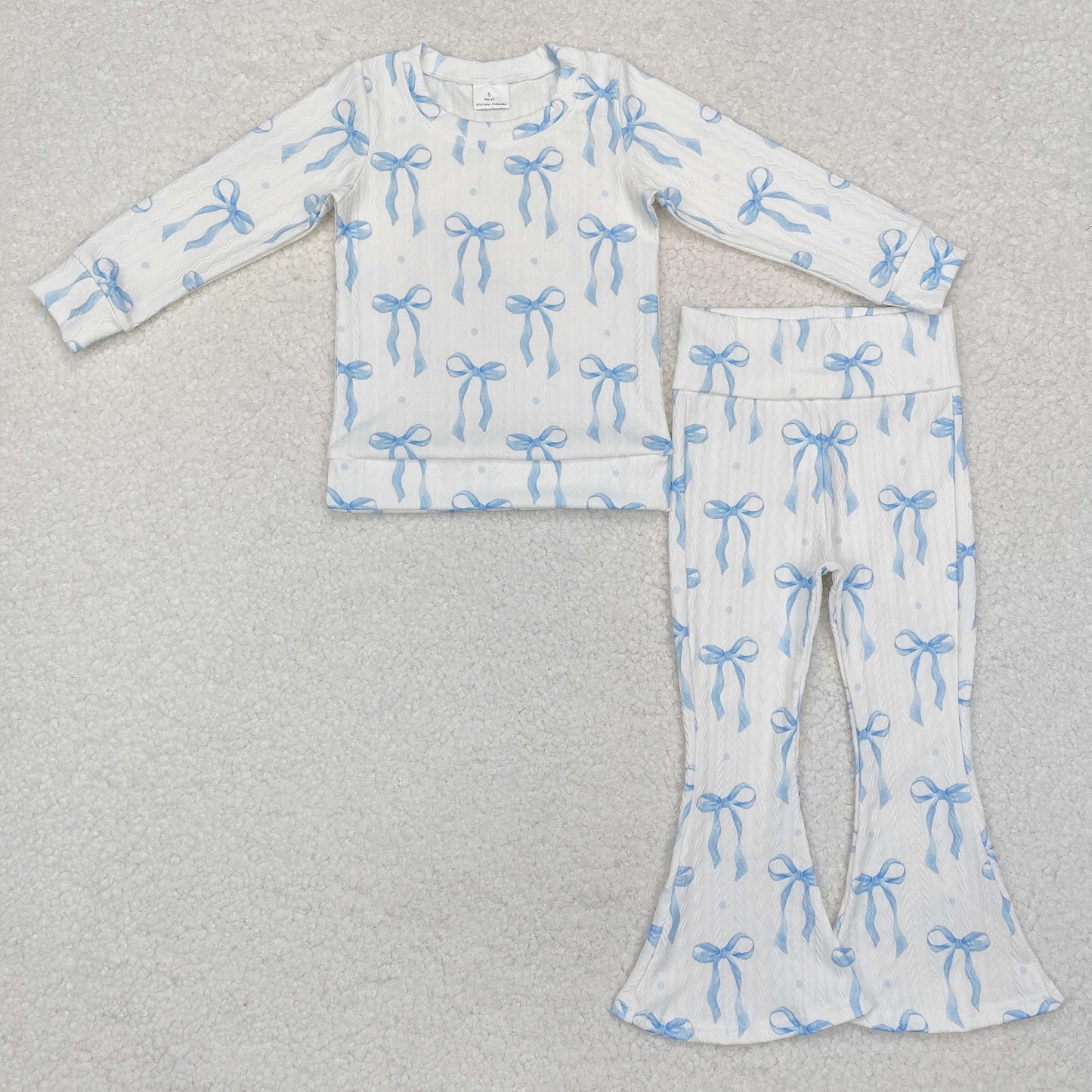 GLP2143 cable knit fabric blue cute bows long sleeve pants girls pajamas