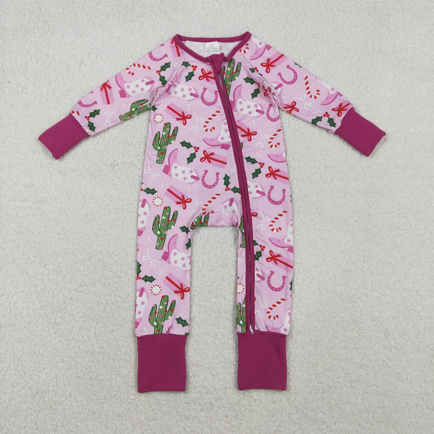 LR1742 Christmas Western cactus boot holly berry hot pink long sleeve zipper girls romper