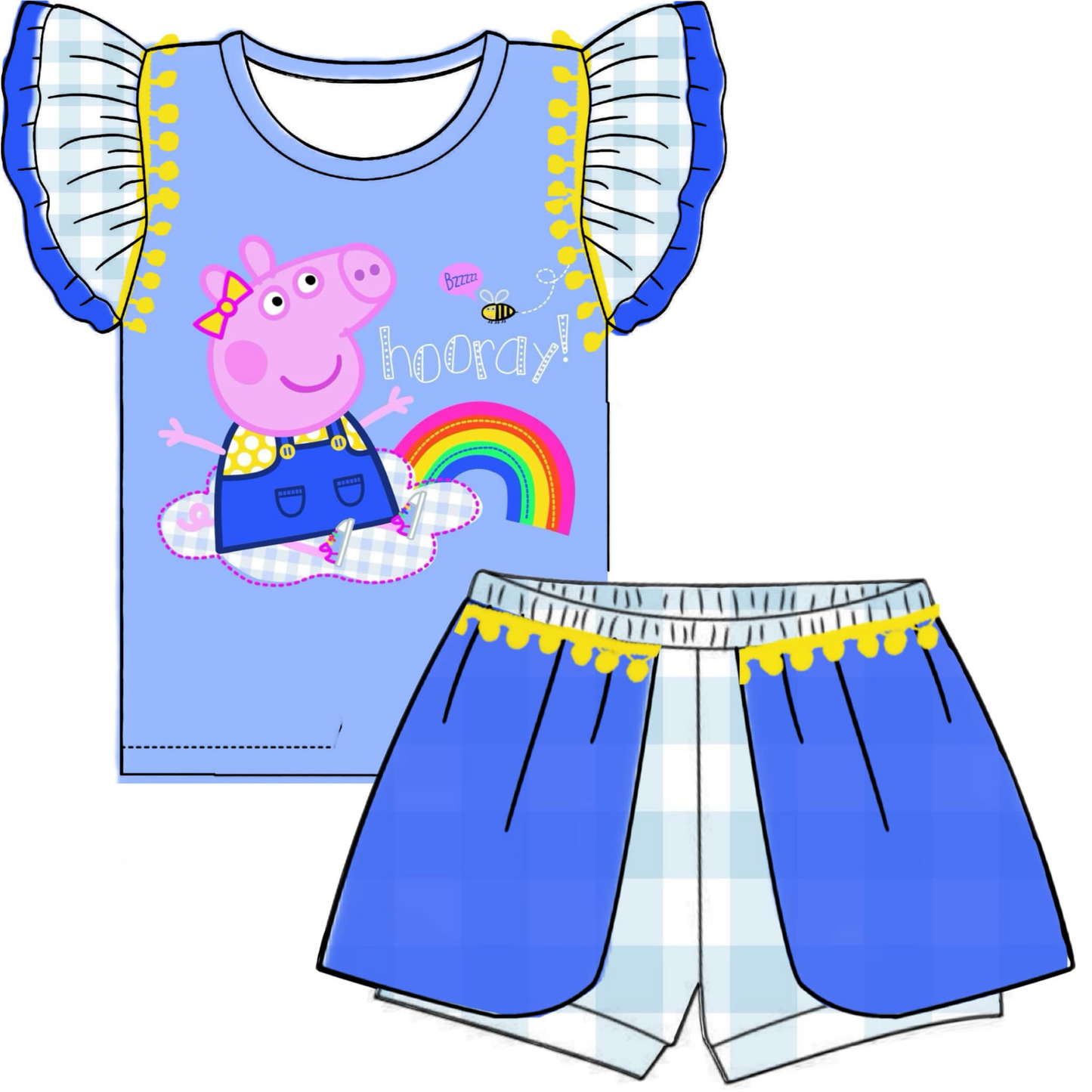 custom style cartoon cute pig blue flutter sleeve shorts girls set tat 6-8 weeks