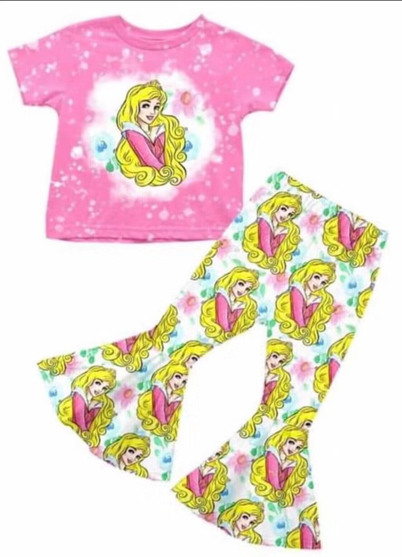 custom cartoon princess hot pink short sleeve pants girls set