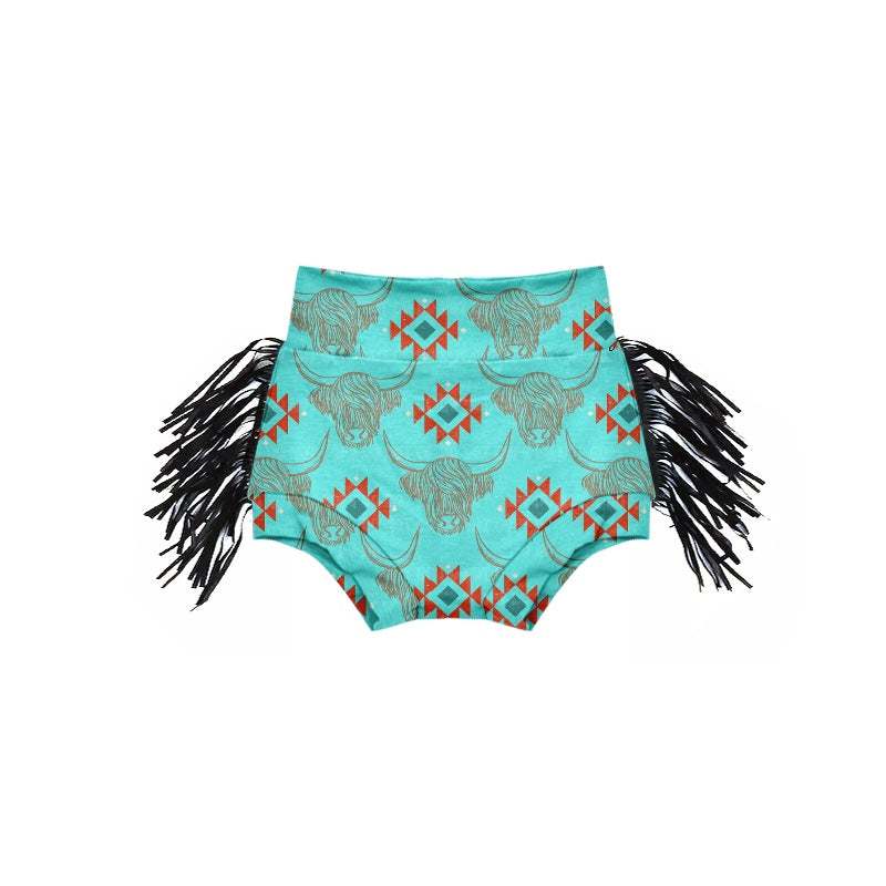 custom Highland cow Aztec blue tassels bummies