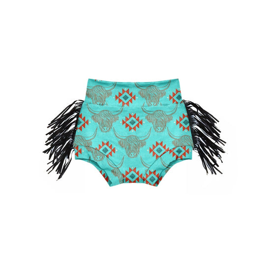 custom Highland cow Aztec blue tassels bummies