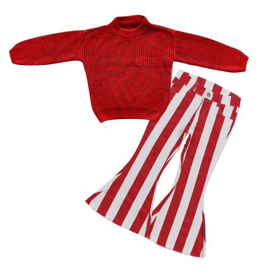 GLP0828 Red sweater long sleeve red striped denim pants girls set